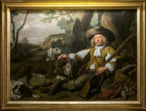 Jean Daret et Nicasius Bernaerts, Portrait de chasseur assis en compagnie de ses chiens
